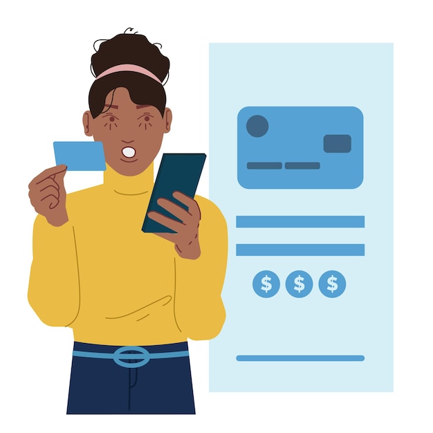 A woman pays her shopping with credit card online in flat illustration