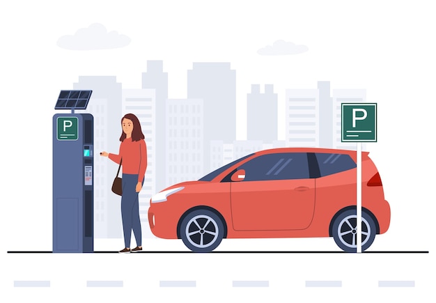 Woman pays for parking at parking machine Vector illustration