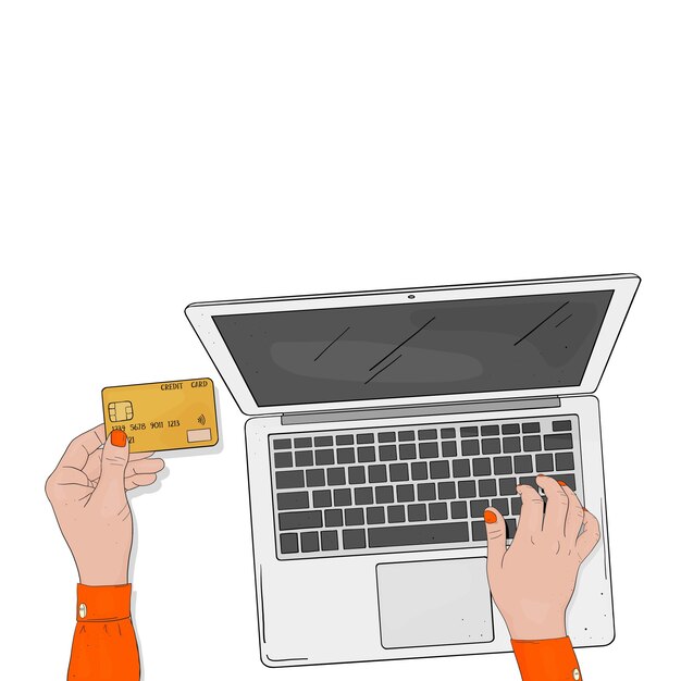 woman pays for a purchase in an online store with a credit card on a laptop