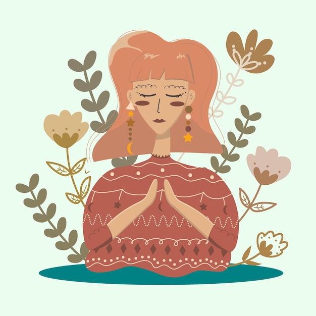 Woman in a peaceful state doing self care vibes with floral objects illustration