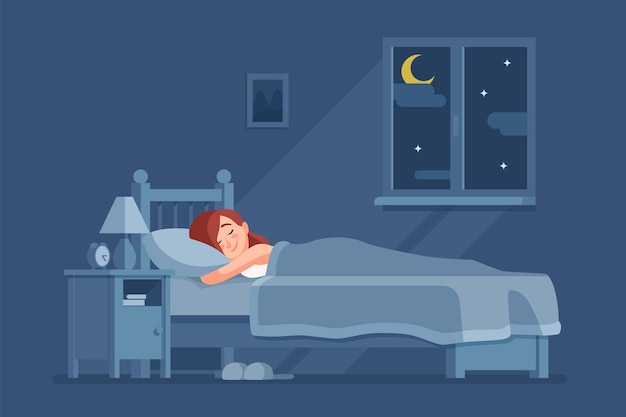 A woman peacefully sleeping in her cozy bedroom at night with a moonlit window and a bedside lamp glowing softly