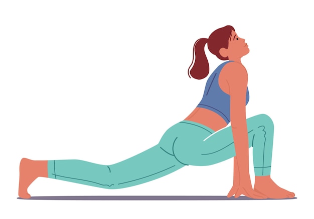 Woman performing ashwasanchalasana also known as equestrian pose in yoga involves kneeling with one leg forward and the other extended back stretching the hip flexors and thighs vector illustration