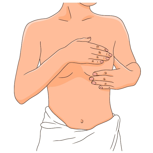 Vettore donna che esegue un controllo mensile del seno per il cancro indossando un asciugamano da bagno illustrazione vettoriale dell'autoesame del seno parte del torso femminile con le mani sopra le tette stile realistico
