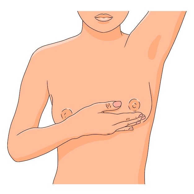 Vettore donna che esegue un autoesame mensile per il cancro al seno con un braccio sollevato parte del torso femminile con la mano sopra il seno illustrazione vettoriale stile realistico