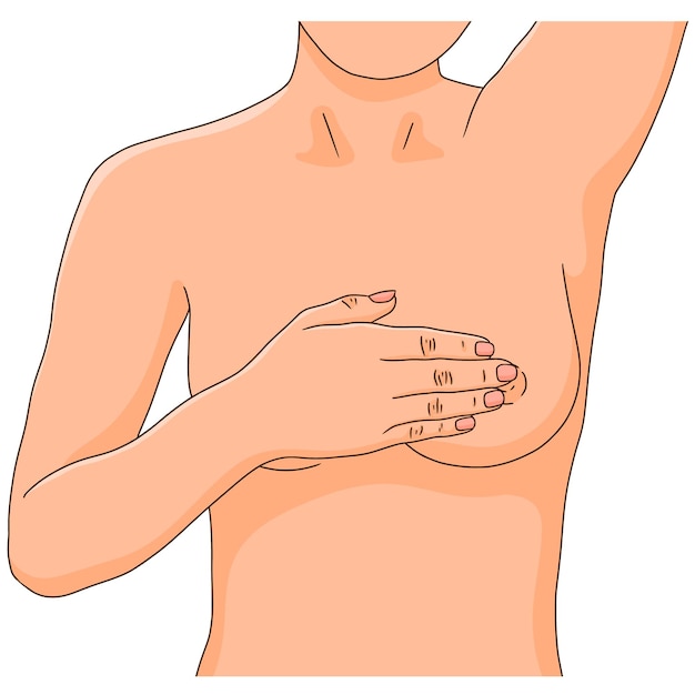 Vector woman performing monthly self exam for breast cancer one arm raised