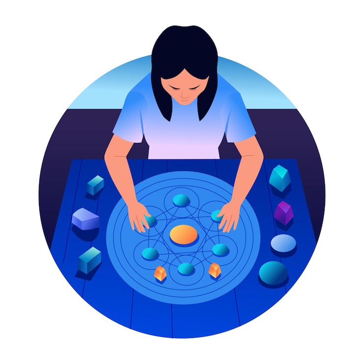 Vector woman performing a spiritual ritual with crystals and symbols