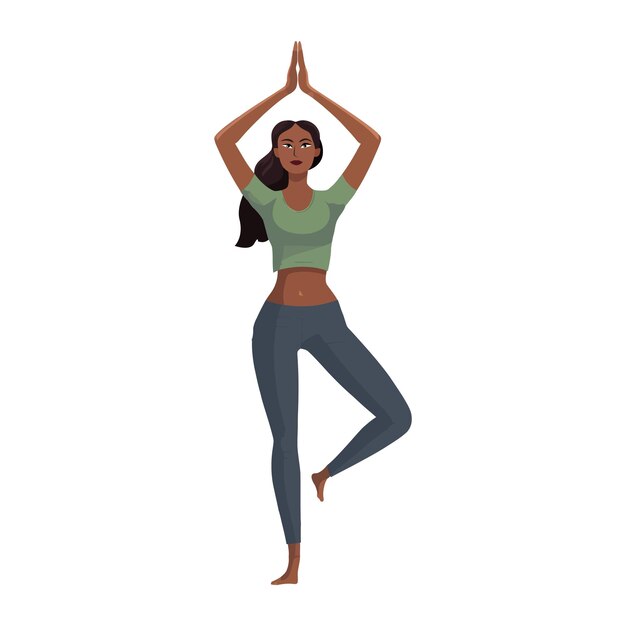 Vector woman performing yoga poses with raised hands cartoon vector