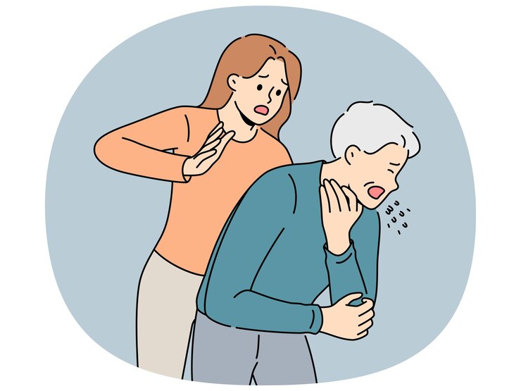 वेक्टर woman performs heimlich maneuver for choking old man who needs help due to airway obstruction