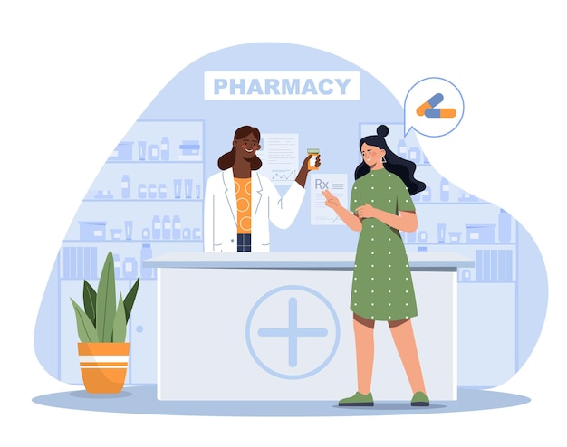 Vector woman at pharmacy