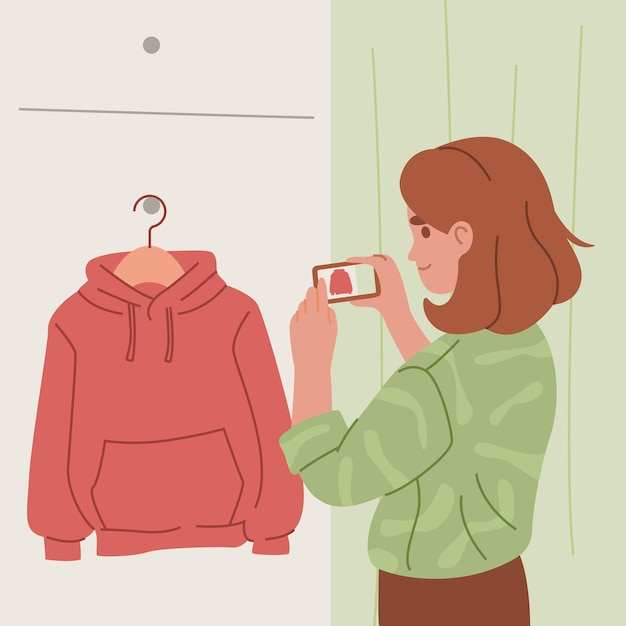 Woman photographing red hoodie on hanger