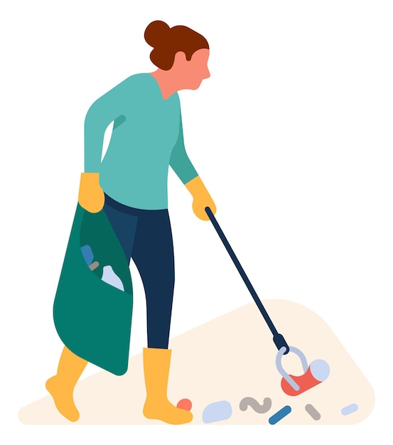 Vector woman picking garbage with stick activist cleaning nature