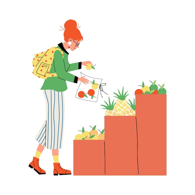 Woman picks vegetables in sewn eco bag flat vector illustration isolated