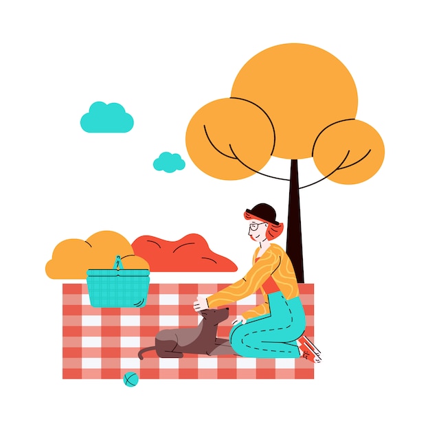 Woman on picnic with pet dog,   illustration in sketch style
