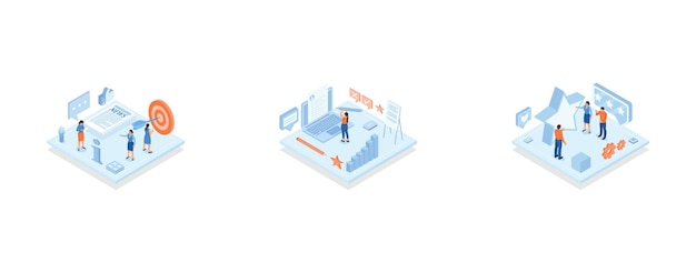 Vector woman and pile of newspapers, group of people and golden stars, set isometric vector illustration