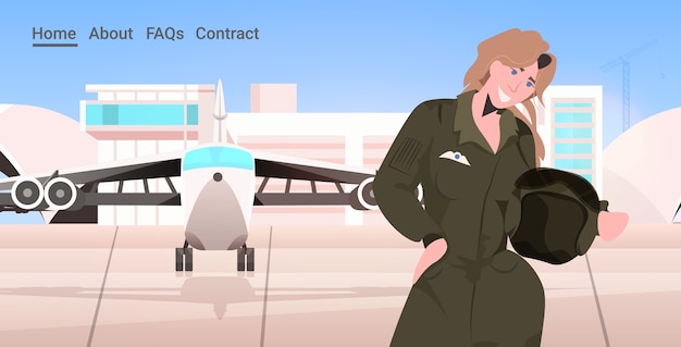 Женщина-пилот в униформе, стоя возле самолета, аэровокзальный терминал, концепция авиации, портрет, горизонтальная копия пространства