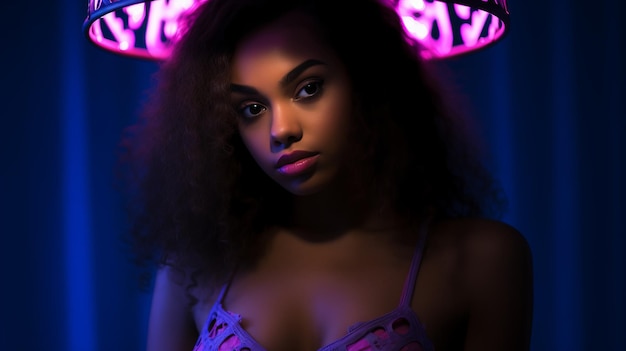 Una donna con un reggiseno rosa con una luce al neon sopra la testa