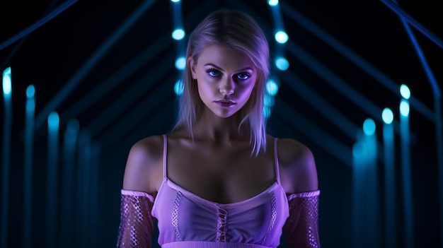 Vector a woman in a pink dress standing in front of neon lights