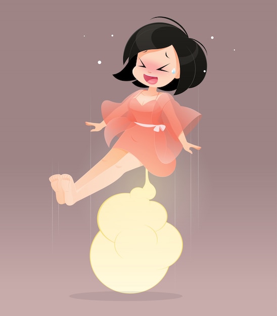 Woman in pink nightgown farting.