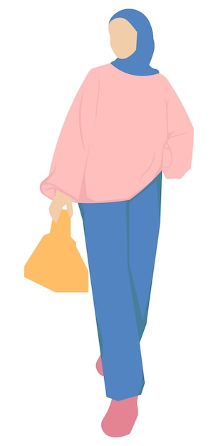 A woman in a pink sweater and blue pants with a bag in her hand.