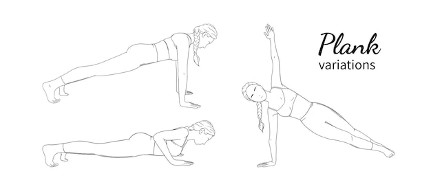 Woman in plank poses. Exercising woman practising plank pose variations. Sketch vector illustration