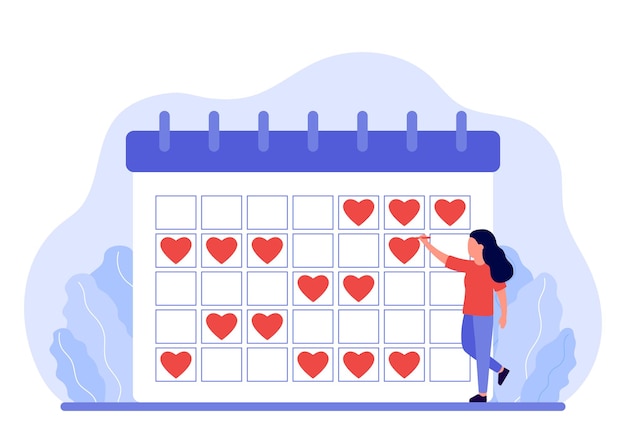 Женщина планирует свой календарь, используя плоскую иллюстрацию знака красного сердца