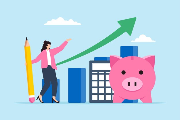 woman plans savings with piggy bank growth chart