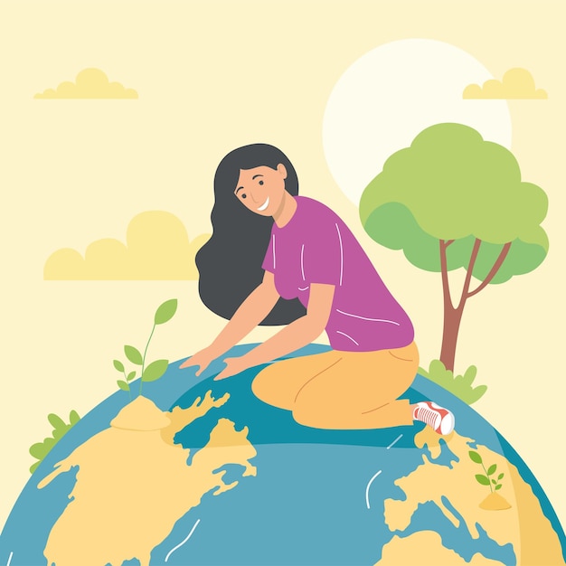 Woman plant tree on the planet design