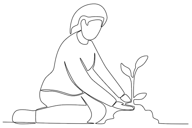 A woman planting a tree World environment day oneline drawing