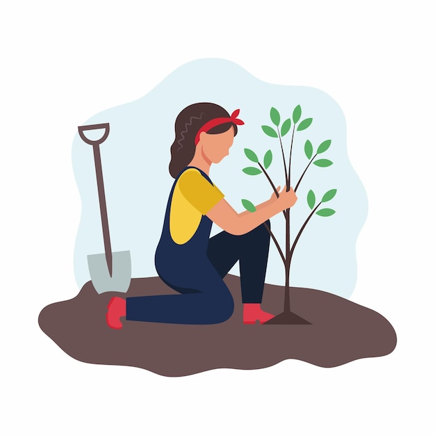 Vector a woman plants a tree in the garden. garden and vegetable garden. planting spring seedlings. vector illustration in flat style.