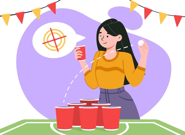 Woman play beer pong concept Young girl with alcoholic drinks in glasses Fun game for adults at party or disco Character with cocktails beer and vodka Cartoon flat vector illustration