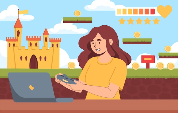 Woman play in game concept Girl near laptop with field Level in arcade in mobile app or program Character with gamepad and joystick Fun and entertainment Cartoon flat vector illustration