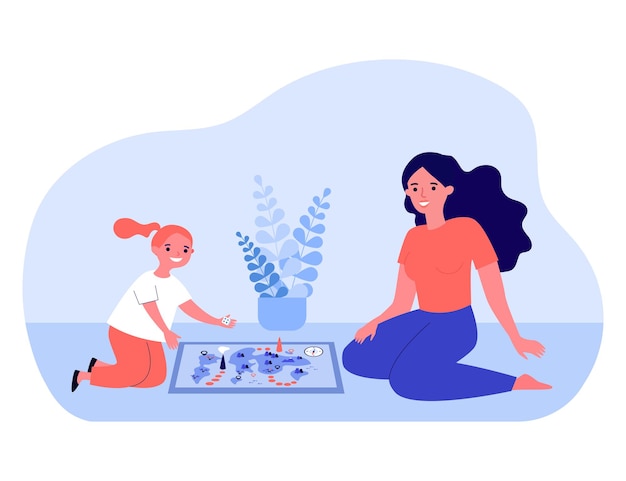 Woman playing board game with little girl. Flat vector illustration. Mom and daughter or sisters sitting on floor in front of game map with figures, having fun together. Family, game, playing concept