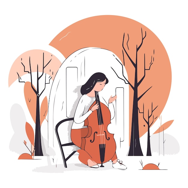 Вектор Женщина играет на виолончели в парке в плоском стиле