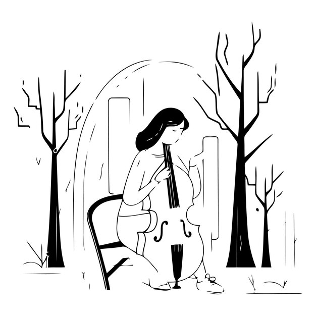 Vector woman playing cello in the park in flat style