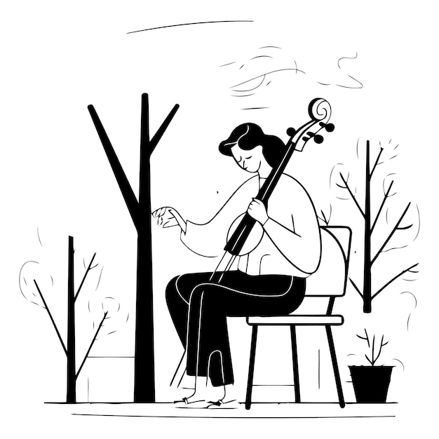 Vector woman playing the cello in the park flat vector illustration