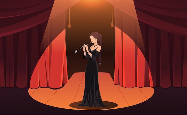 woman playing clarinet on stage in spotlight vector illustration