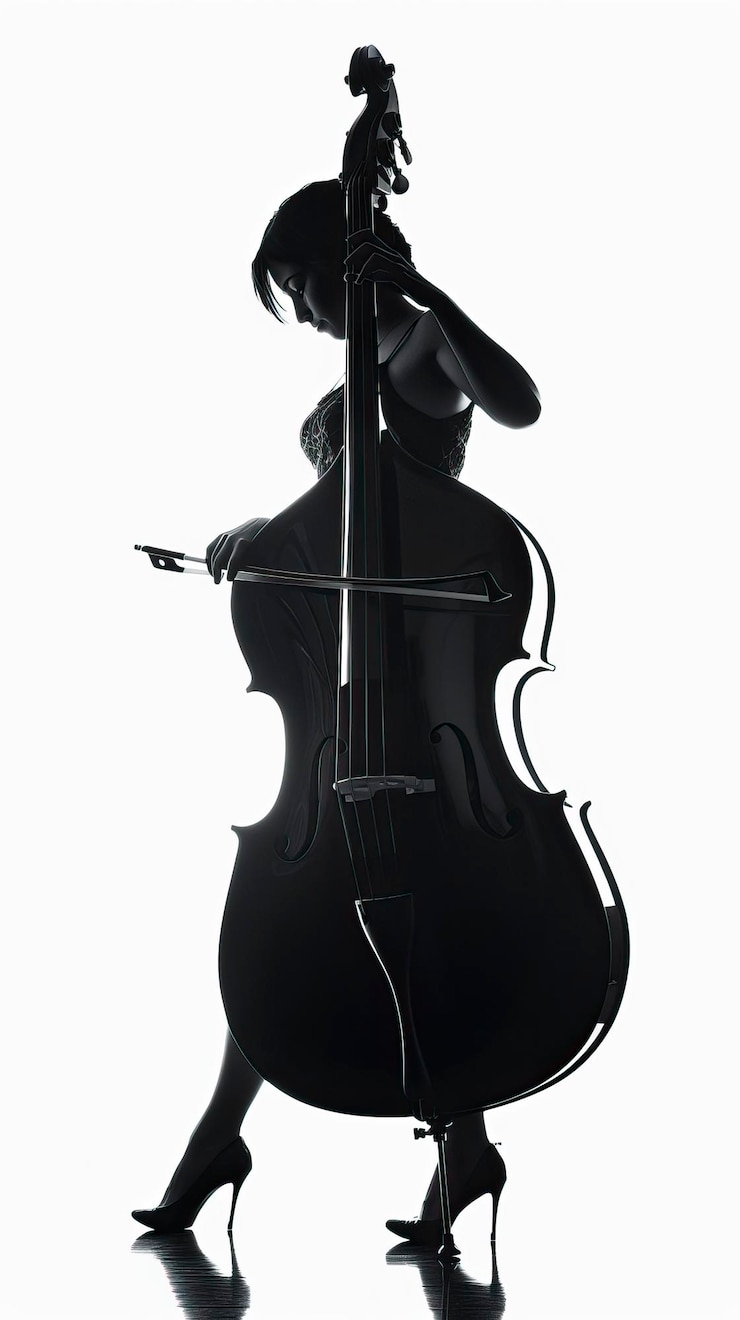 Vector a woman playing double bass silhouette isolated on white background