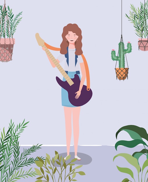 Woman playing electric guitar instrument character