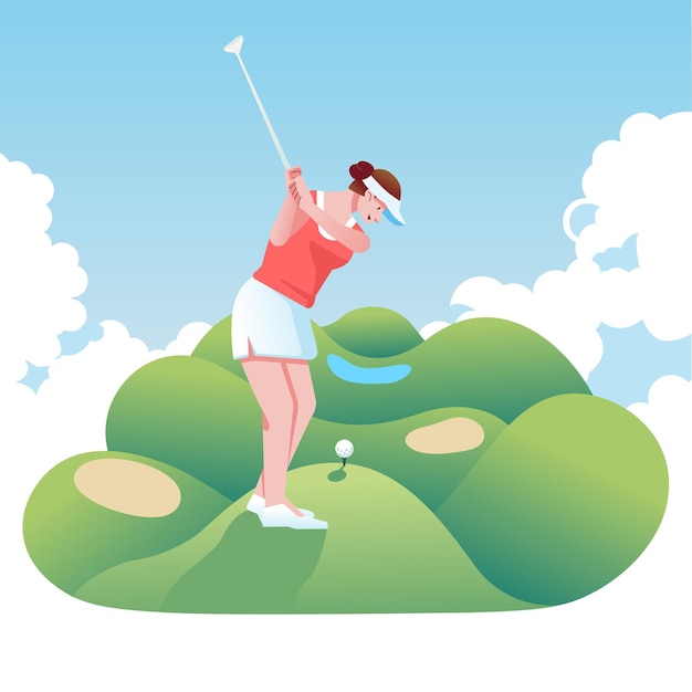 Woman playing golf in the field with cloudy background like the field flying in the sky