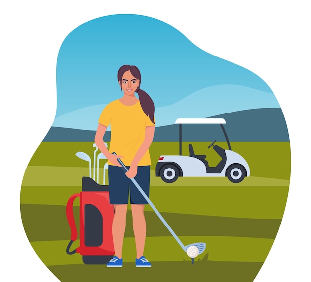 Woman playing golf Golfer with golf club on green grass bag with professional equipment