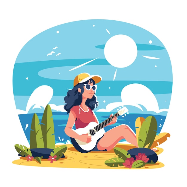 Женщина играет на гитаре на пляже, наслаждаясь плоской иллюстрацией летнего сезона
