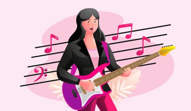 Woman playing guitar with musical notes