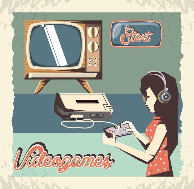 woman playing video game retro vector illustration design