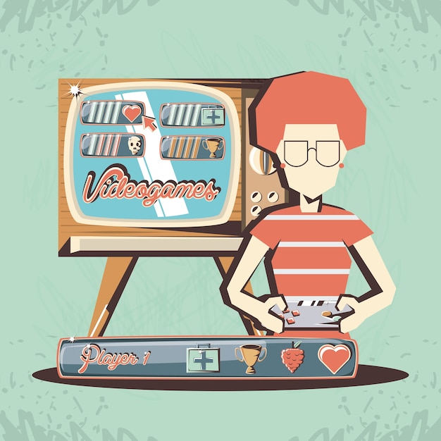 Vector woman playing video game retro vector illustration design