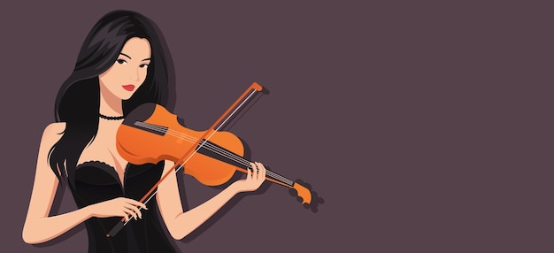 暗いドレスを着て優雅にバイオリンを弾く女性 ベクトルイラスト