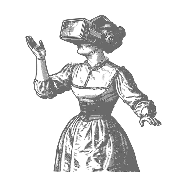 Женщина играет в гарнитуру виртуальной реальности в старом стиле гравировки