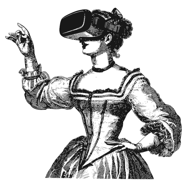 woman playing virtual reality headset in old engraving style art