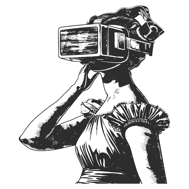 woman playing virtual reality headset in old engraving style art