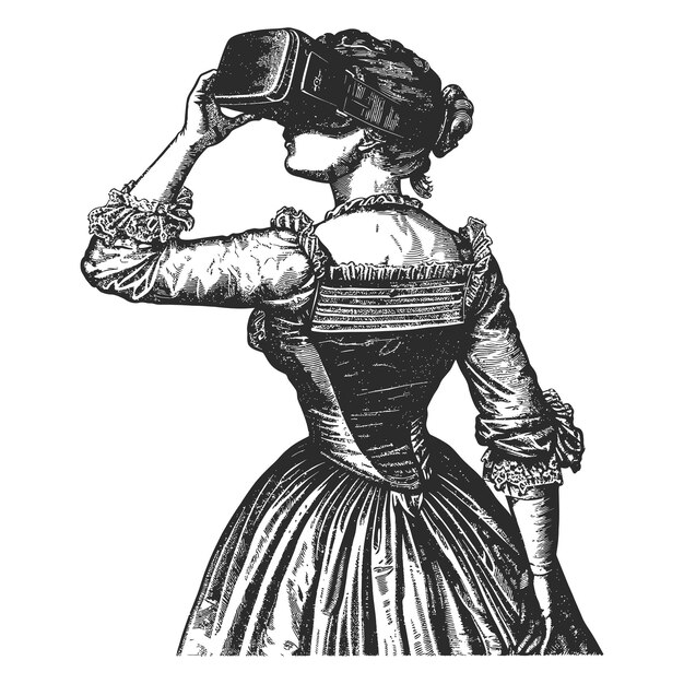 Vector woman playing virtual reality headset in old engraving style art