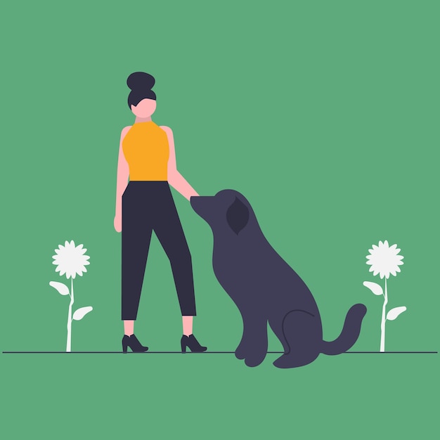Вектор Женщина играет с собакой на зеленом фоне.